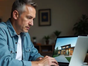 A man facing laptop viewing real estate properties